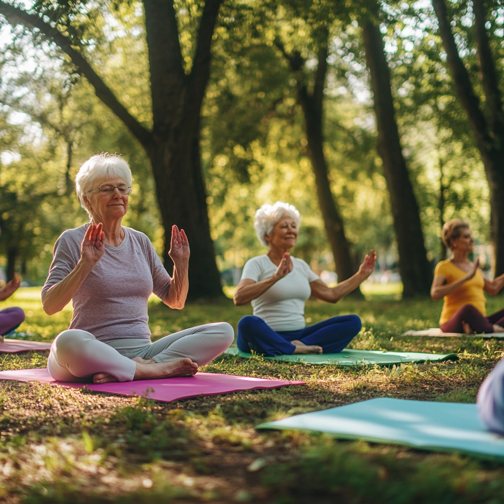 Група пенсіонерів займається йогою в парку