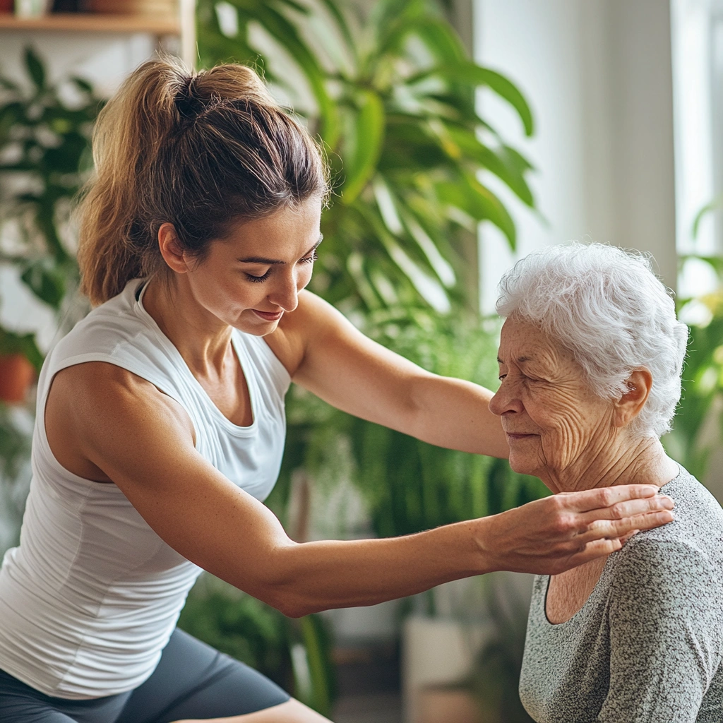 Інструктор з йоги допомагає літній жінці під час заняття